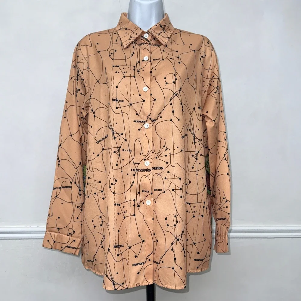 Chanel Celestial Zodiac Moon Print Cotton Button Down Shirt Peach Long Sleeve